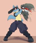  abstract_background absurd_res clothed clothing hi_res kaynyne louis lucario male nintendo pok&eacute;ball pok&eacute;mon pok&eacute;mon_(species) scared video_games 