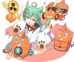  1girl absurdres ahoge akashi_(azur_lane) azur_lane bangs bell bird blush chick commentary_request crossover gen_4_pokemon green_hair grey_legwear hair_between_eyes hair_ornament haneramu heart highres long_hair long_sleeves musical_note open_mouth pokemon pokemon_(creature) rotom rotom_(fan) rotom_(frost) rotom_(heat) rotom_(mow) rotom_(wash) sleeves_past_fingers sleeves_past_wrists socks sparkle tongue yellow_eyes 