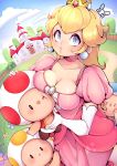  1girl blonde_hair blue_eyes blue_sky breasts castle crown dress elbow_gloves eyelashes gloves highres looking_at_viewer mario_(series) medium_breasts mini_crown niucniuc o3o pink_dress princess_peach sky standing toad white_gloves 