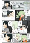  anchovy_(girls_und_panzer) anzai_romi embarrassed glasses green_hair hair_ribbon highres jinguu_(4839ms) long_hair mother_and_daughter red_eyes ribbon smile stuffed_animal stuffed_toy translation_request tsuji_renta wheel 