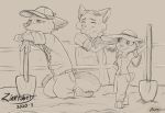  2020 anthro arzmx barefoot bodily_fluids canid canine clothed clothing disney female fence fox fully_clothed gideon_grey group hat headgear headwear hi_res inktober judy_hopps kneeling lagomorph leporid looking_at_another male mammal monochrome nick_wilde outside rabbit red_fox shovel signature smile standing sweat sweatdrop tongue tongue_out tools zootopia 