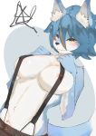  2020 absurd_res anthro black_nose blonde_hair blue_body blue_fur blue_hair blush breasts canid canine clothed clothing female fingers fox fur hair half-length_portrait hand_on_breast hi_res inner_ear_fluff iwnt2d1e kemono mammal multicolored_hair nanahoshi_suzu nipple_outline portrait short_hair suspenders translucent translucent_hair tuft white_body white_fur yellow_eyes 