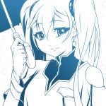  1girl eyebrows_visible_through_hair highres hissa_yossa holding holding_umbrella hoshino_ruri kidou_senkan_nadesico kidou_senkan_nadesico_-_prince_of_darkness light_smile looking_at_viewer monochrome smile solo twintails umbrella uniform 