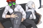  ... 1boy 1girl 1other ahegao ak-12 ak-12_(girls_frontline) ass beret black_ribbon blush boots braid breasts breath closed_eyes commander_(girls_frontline) commentary_request couch fingerless_gloves gas_mask girls_frontline gloves hat kageshio_(276006) large_breasts necktie pants ponytail ribbon shirt silver_hair spanking spoken_ellipsis tactical_clothes 