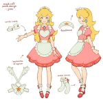  1girl alternate_costume ankle_socks apron back_bow blonde_hair blue_eyes bow crown earrings english_commentary english_text frilled_apron frilled_headband frills headband jewelry jivke looking_at_viewer maid maid_apron maid_dress maid_headdress mario_(series) princess_peach reference_sheet simple_background star_(symbol) super_mario_bros. white_background wrist_cuffs 