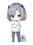  1girl bangs blue_hair blue_pants chibi clip_studio_paint_(medium) closed_mouth collared_shirt crossed_arms eyebrows_visible_through_hair fish_head full_body highres horns multicolored_hair original pants parted_bangs pink_hair red_eyes se.a shirt short_hair simple_background solo standing two-tone_hair white_background white_shirt 