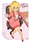  1girl alternate_costume alternate_hairstyle blazer blonde_hair blue_eyes chair coffee coffee_cup coffee_mug cup desk disposable_cup earrings english_text frills glasses gold_trim hand_on_head highres jacket jewelry jivke legs lipstick looking makeup mario_(series) mug name_tag necklace office_chair pale_skin papers pen pencil_skirt pink_lips pink_lipstick princess_peach ring simple_background sitting skirt smile watch wedge_heels 