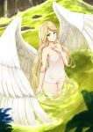  1girl angel_wings bath bathing blackma_(pagus0012) blonde_hair collarbone feathered_wings fire_emblem fire_emblem:_radiant_dawn fire_emblem_heroes green_eyes hand_on_own_chest highres leanne_(fire_emblem) long_hair naked_towel onsen partially_submerged rock smile solo towel water white_towel white_wings wings 