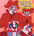  &lt;3 &lt;3_eyes animatronic anthro anthrofied baby_(fnafsl) blue_eyes clown dialogue eyebrows female finger_to_mouth five_nights_at_freddy&#039;s freckles frillious green_eyes hand_on_face happy heterochromia humanoid lagomorph leporid looking_at_viewer machine male mammal mixed_media multi_media rabbit red_eyebrows red_nose robot sister_location smile smiling_at_viewer solo solo_focus text video_games 