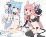  2girls alternate_costume animal_ear_fluff animal_ears aqua_hair bangs bell bell_collar black_gloves black_legwear black_panties blunt_bangs blush bow breasts cat_ears cat_tail collar dated elbow_gloves eyebrows_visible_through_hair fang gloves hair_bow hair_ornament hair_ribbon heart kotonoha_akane kotonoha_aoi long_hair multiple_girls open_mouth panties paw_gloves paw_pose paw_shoes paws pink_hair ribbon rkrk shoes side-tie_panties sidelocks signature simple_background sitting small_breasts strapless tail thighhighs tubetop underwear voiceroid white_background white_gloves white_legwear 