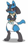  2:3 annoyed belly blue_body blue_fur blush crossed_arms diaper ears_up fillyscoots42 fur hi_res lucario male neck_tuft nintendo pok&eacute;mon pok&eacute;mon_(species) simple_background solo spikes standing tan_belly tuft video_games white_background 