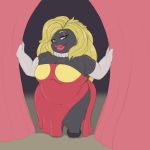  1:1 anthro armwear black_body black_skin blonde_hair clothing dress female hair hi_res jynx lips lipstick makeup mcnasty nintendo overweight overweight_anthro overweight_female pok&eacute;mon pok&eacute;mon_(species) short_stack solo thick_lips video_games 