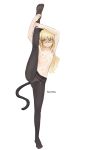  1girl absurdres animal_ears areolae arms_up blonde_hair blush breasts cat_ears cat_tail embarrassed full_body glasses groin highres long_hair navel nipples panties panties_under_pantyhose pantyhose perrine_h_clostermann semi-rimless_eyewear seraziel small_breasts solo split standing standing_on_one_leg standing_split strike_witches tail thighs topless underwear white_background white_panties world_witches_series yellow_eyes 