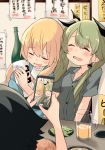  3girls alcohol anchovy_(girls_und_panzer) bangs barashiya beer beer_mug black_hair black_ribbon blonde_hair blue_shirt blurry blurry_background blush bottle carpaccio_(girls_und_panzer) casual cellphone closed_eyes collared_shirt commentary cup depth_of_field drill_hair drunk eyebrows_visible_through_hair girls_und_panzer green_hair grey_shirt hair_ribbon highres holding holding_bottle holding_phone indoors long_hair mug multiple_girls open_mouth pepperoni_(girls_und_panzer) phone restaurant ribbon saliva shirt short_hair short_sleeves side-by-side sitting sleeping smartphone smile table taking_picture twin_drills twintails wine_bottle 