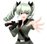  1girl :d absurdres aikir_(jml5160) anchovy_(girls_und_panzer) anzio_military_uniform belt binoculars black_ribbon blush breasts cleavage cowboy_shot dated drill_hair girls_und_panzer highres medium_breasts open_mouth outstretched_hand red_eyes ribbon smile solo twin_drills white_background 