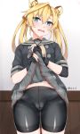  1girl abukuma_(kantai_collection) bangs bike_shorts black_gloves blonde_hair blue_eyes blush cameltoe double_bun eyebrows_visible_through_hair gloves grey_sailor_collar grey_skirt hair_between_eyes hair_rings highres ka_tsumi kantai_collection lifted_by_self long_hair open_mouth partly_fingerless_gloves pleated_skirt red_neckwear remodel_(kantai_collection) sailor_collar school_uniform serafuku short_sleeves shorts shorts_under_skirt skirt skirt_lift solo steam sweat twintails 