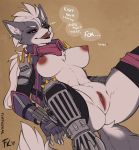  2019 anthro armor big_breasts breasts canid canine canis claws clothed clothing countershading crossgender dialogue female fluff-kevlar fur genitals grey_body grey_fur hair jacket lying mammal meme mohawk_(hairstyle) mtf_crossgender nintendo nipples on_back open_clothing open_jacket open_topwear ponytail pussy red_eyes solo spread_legs spreading star_fox topwear video_games wolf wolf_o&#039;donnell 