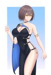  1girl absurdres armlet asymmetrical_clothes azur_lane baltimore_(azur_lane) baltimore_(evening_breeze_minuet)_(azur_lane) black_cape black_dress blue_cape braid breasts brown_hair cape cleavage dress eeyoosekedooaat evening_gown eyebrows_visible_through_hair hair_between_eyes highres large_breasts looking_at_viewer side_slit single_bare_shoulder solo two-tone_cape yellow_eyes 