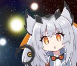  1girl arknights bangs coat eyebrows_visible_through_hair galaxy goggles goggles_around_neck grey_coat highres kitara_koichi meme open_mouth orange_eyes owl_ears pointy_hair ptilopsis_(arknights) short_hair solo space space_cat_(meme) staff universe upper_body white_hair 