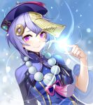  1girl absurdres bead_necklace beads blue_eyes blush braid braided_ponytail chinese_clothes genshin_impact hair_ornament highres jewelry looking_at_viewer necklace older purple_eyes purple_hair qiqi smile solo upper_body wide_sleeves yin_lan_xue 