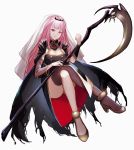  1girl absurdres black_legwear breasts cape cleavage dejio full_body highres hololive hololive_english large_breasts long_hair looking_at_viewer mori_calliope pink_hair red_eyes scythe simple_background single_thighhigh smile solo thighhighs virtual_youtuber weapon white_background 