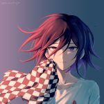  1boy bangs checkered checkered_background checkered_scarf collarbone commentary_request danganronpa ewa_(seraphhuiyu) hair_between_eyes hand_up highres holding holding_clothes holding_scarf jacket looking_at_viewer male_focus multicolored_hair new_danganronpa_v3 ouma_kokichi purple_hair red_hair scarf scarf_removed short_hair solo straitjacket sun two-tone_hair upper_body white_jacket 