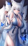  1girl animal_ear_fluff animal_ears azur_lane bangs bare_shoulders blue_butterfly blue_dress blue_eyes blush breasts cleavage commentary_request covered_nipples cup cupping_glass dress drinking_glass eyebrows_visible_through_hair feather_boa fox_ears fox_girl fox_tail grey_hair hair_ornament hand_up highres holding holding_cup kitsune large_breasts long_hair looking_at_viewer mole mole_under_eye multiple_tails oyuwari parted_lips shinano_(azur_lane) shinano_(light_of_the_hazy_moon)_(azur_lane) solo standing tail thighs very_long_hair wine_glass 