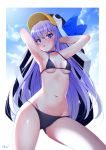  1girl animal_costume armpits arms_behind_head arms_up banned_artist bare_arms bare_shoulders blue_choker blue_eyes breasts choker cloud fate/grand_order fate_(series) groin halter_top halterneck highres long_hair looking_at_viewer meltryllis meltryllis_(swimsuit_lancer)_(fate) navel outside_border penguin_costume purple_hair sana_hamada small_breasts solo stomach strap_gap string_bikini sunlight thighs tongue tongue_out very_long_hair 