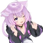  1girl absurdres ahoge animal_ear_fluff animal_ears bangs black_hoodie breasts cat_ears cat_tail cheek_squash collar eyebrows_visible_through_hair from_above highres hololive hood hoodie looking_at_viewer medium_breasts nejime nekomata_okayu one_eye_closed open_mouth pants purple_eyes purple_hair short_hair simple_background solo sweatpants tail virtual_youtuber white_background 