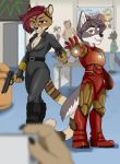  anthro armor balto_star black_widow_(marvel) canid canine canis cheetah clothed clothing colored comic_con convention convention_room cosplay costume duo felid feline female gun hi_res iron_man kiwi_cutie male male/female mammal marvel nikki_kofi pose ranged_weapon roleplay weapon wolf 