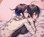 2boys ahoge bangs bare_shoulders bed_sheet black_hair blush checkered checkered_scarf closed_mouth commentary_request danganronpa ewa_(seraphhuiyu) frown hair_between_eyes half-closed_eyes highres jacket long_sleeves looking_at_another looking_at_viewer lying lying_on_another male_focus multicolored_hair multiple_boys new_danganronpa_v3 off_shoulder on_stomach ouma_kokichi pillow purple_eyes saihara_shuuichi scarf shirt short_hair smile straitjacket striped striped_shirt white_jacket yaoi 