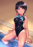  1girl :3 arms_at_sides ass_visible_through_thighs bangs bare_arms bare_shoulders black_hair black_swimsuit blush breasts closed_mouth competition_swimsuit covered_navel goggles goggles_around_neck headwear_removed highleg highleg_swimsuit looking_at_viewer medium_breasts mendou_saya on_floor one-piece_swimsuit original pool poolside red_eyes short_hair sitting skin_tight smile soaking_feet solo swept_bangs swimsuit tan tanline tile_floor tiles water 