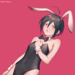 1boy ahoge androgynous animal_ears bare_arms bare_shoulders black_bow black_hair black_leotard bow brown_eyes bulge bunny_ears commentary_request covered_navel danganronpa detached_collar dutch_angle ewa_(seraphhuiyu) fake_animal_ears hand_on_own_chest highres leotard looking_at_viewer male_focus male_playboy_bunny new_danganronpa_v3 pink_background playboy_bunny saihara_shuuichi short_hair simple_background solo upper_body wrist_cuffs 
