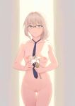  1girl an-94_(girls_frontline) bigrbear blue_neckwear braid breasts brown_background cowboy_shot flower french_braid girls_frontline glasses green_eyes highres holding holding_flower medium_breasts necktie nipples nude parted_lips platinum_blonde_hair pussy short_hair two-tone_background uncensored yellow_background 