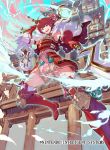 1girl armor boots feather_collar feather_trim fire_emblem fire_emblem_cipher fire_emblem_fates garter_straps gloves hinoka_(fire_emblem) holding holding_weapon horns japanese_armor japanese_castle kureta_(nikogori) lightning magic midair official_art outdoors pegasus polearm red_armor red_eyes red_gloves red_hair sheep_horns short_hair spear staff thigh_boots thighhighs weapon 