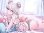  1girl ass bare_arms bare_shoulders breasts camisole cleavage crop_top curtains double_bun grey_hair grey_panties interlocked_fingers large_breasts long_hair looking_at_viewer lying on_bed on_stomach original panties pillow purple_eyes smile solo spaghetti_strap strap_gap underwear underwear_only window yumaomi 