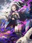  1girl ass bare_tree bird black_hair book boots bracer cape circlet crow facial_mark fire_emblem fire_emblem_cipher fire_emblem_fates flat_chest holding holding_weapon kawasumi_mahiro magic mouth_veil nyx_(fire_emblem) official_art outdoors red_hair skull tiara tree weapon 