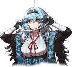  &gt;:) 1girl bangs black_gloves camouflage cheogtanbyeong collar collarbone collared_shirt eyebrows_visible_through_hair feathers girls_frontline gloves glowing hair_between_eyes hairband highres holding holding_rope load_bearing_vest long_hair long_sleeves neck_ribbon neck_scar noose off_shoulder red_eyes red_neckwear red_ribbon ribbon rope shirt silver_hair solo sparkle thunder_(girls_frontline) v v_over_eye 