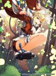  1girl animal_ears blonde_hair blue_ribbon coat fang fire_emblem fire_emblem_cipher fire_emblem_fates fox_ears fox_tail japanese_clothes kitsune kurosawa_tetsu light_particles midair multicolored_hair official_art orange_hair outdoors red_coat ribbon selkie_(fire_emblem) short_shorts shorts smile tail two-tone_hair 