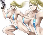  1girl bangs bare_shoulders blonde_hair blue_eyes blue_swimsuit breasts commentary_request covered_nipples gun holding holding_gun holding_weapon long_hair looking_at_viewer metroid mole mole_under_mouth muscle muscular_female navel ponytail samus_aran shibusun simple_background slingshot_swimsuit sweat swimsuit weapon white_background zoom_layer 