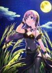  1girl armband bare_shoulders black_legwear black_shirt commentary cowboy_shot full_moon gold_trim grass grey_shirt hand_in_hair hand_up headphones highres long_hair looking_at_viewer matsuhisa_(ryo-tsuda1) megurine_luka megurine_luka_(vocaloid4) moon night night_sky pink_hair shirt side_slit sky sleeveless sleeveless_shirt solo standing star_(sky) starry_sky strapless_shirt susuki_grass thighhighs triangle_mouth v4x vocaloid wristband 