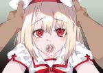  1boy 1girl after_fellatio bangs beret blonde_hair blush commentary_request cum cum_bubble cum_in_mouth cum_in_nose eyebrows_visible_through_hair fate/kaleid_liner_prisma_illya fate_(series) from_above gradient gradient_background hands_on_another&#039;s_head hat hetero highres illyasviel_von_einzbern looking_at_viewer male_hand medium_hair open_mouth pov red_eyes short_sleeves sidelocks solo_focus suujiniku tearing_up tears white_hair white_headwear 