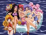  1990s_(style) 5girls akihabara_dennou_gumi antenna_hair bikini blonde_hair blue_eyes blue_hair brown_eyes brown_hair earrings eyebrows_visible_through_hair fetal_position hanakoganei_hibari headband higashijuujou_tsugumi inflatable_raft jewelry kotobuki_tsukasa long_hair looking_at_viewer multiple_girls navel official_art open_mouth otorii_tsubame pink_eyes pink_hair red_eyes red_hair sakurajosui_suzume sandals sengakuji_kamome short_hair sidelocks swimsuit two_side_up wading water wavy_hair 