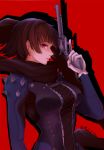  1girl absurdres bangs black_hair black_scarf blunt_bangs braid breasts cross-laced_clothes eyebrows_visible_through_hair from_side gloves gun handgun highres holding holding_gun holding_weapon medium_breasts medium_hair moddedjoker niijima_makoto parted_lips persona persona_5 pistol red_background red_eyes scarf shoulder_spikes silhouette solo spikes trigger_discipline twitter_username upper_body weapon white_gloves 