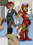  anthro armor balto_star black_widow_(marvel) canid canine canis cheetah clothed clothing colored comic_con cosplay costume duo felid feline female gun headgear helmet hi_res iron_man kiwi_cutie male male/female mammal marvel nikki_kofi pose ranged_weapon roleplay weapon wolf 