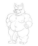  2020 anthro balls barawerewolf belly big_penis canid canine canis domestic_dog genitals hi_res huge_penis live-a-hero male mammal monochrome moobs musclegut navel nipples overweight overweight_anthro overweight_male penis procy scar simple_background solo video_games white_background 