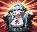  &gt;:) 1girl bangs black_gloves camouflage cheogtanbyeong collar collarbone collared_shirt eyebrows_visible_through_hair feathers girls_frontline gloves glowing hair_between_eyes hairband highres holding holding_rope load_bearing_vest long_hair long_sleeves neck_ribbon neck_scar noose off_shoulder red_eyes red_neckwear red_ribbon ribbon rope shirt silver_hair solo sparkle thunder_(girls_frontline) v v_over_eye 