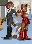  anthro armor balto_star black_widow_(marvel) canid canine canis cheetah clothed clothing colored comic_con cosplay costume duo felid feline female gun headgear helmet hi_res iron_man kiwi_cutie male mammal marvel nikki_kofi pose ranged_weapon roleplay weapon wolf 