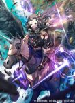  1girl armor armored_boots black_hair book boots breastplate circlet clothing_cutout dark_magical_circle fire_emblem fire_emblem_cipher fire_emblem_fates flat_chest flight hair_ornament head_wings holding holding_weapon kawasumi_mahiro magic midriff mouth_veil nyx_(fire_emblem) official_art panties pegasus red_eyes shoulder_armor thigh_cutout underwear weapon 