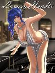  1girl absurdres azur_lane backless_dress backless_outfit bag bangs bare_shoulders bent_over blue_hair blue_nails blurry blurry_background bracelet breasts building car cityscape cleavage dress earrings epko evening_gown grey_dress grin ground_vehicle hair_ornament hairclip halter_dress handbag highres jewelry large_breasts motor_vehicle nail_polish necklace night night_sky outdoors pink_eyes plunging_neckline revealing_clothes side_ponytail sidelocks silver_dress sky skyscraper smile st._louis_(azur_lane) st._louis_(luxurious_wheels)_(azur_lane) thighs 